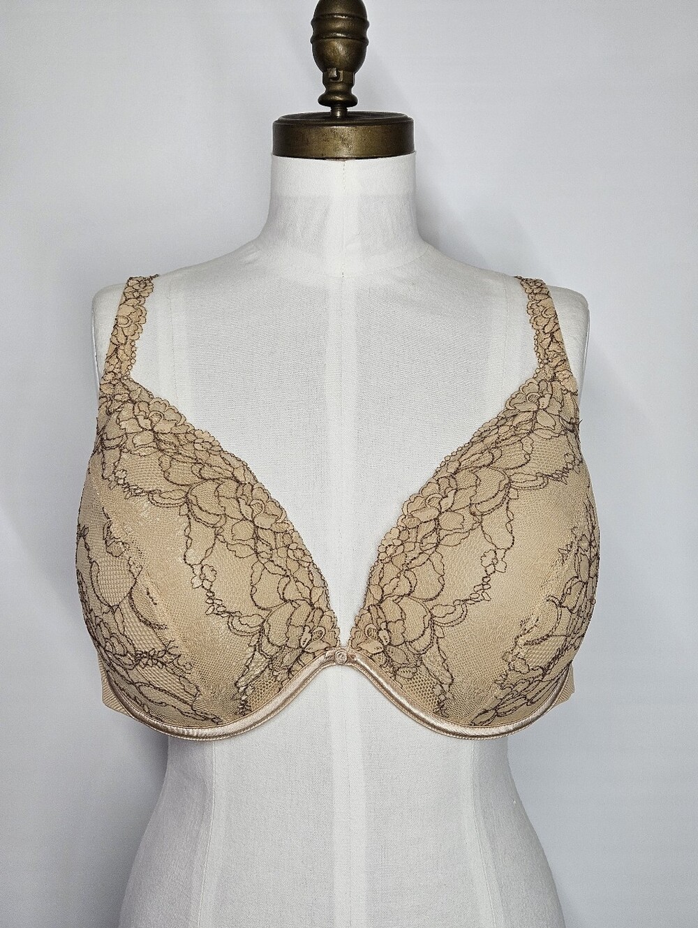 Cacique 44DDD Bra Lane Bryant Beige Brown Floral Lace Underwire Moulded Plus Siz